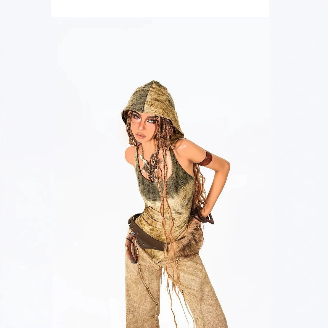 Sand Dune Wasteland Style Camisole for Women, American Retro Irregular Tie-Dye Sleeveless Hot Girl Y2K Hooded Top for Women