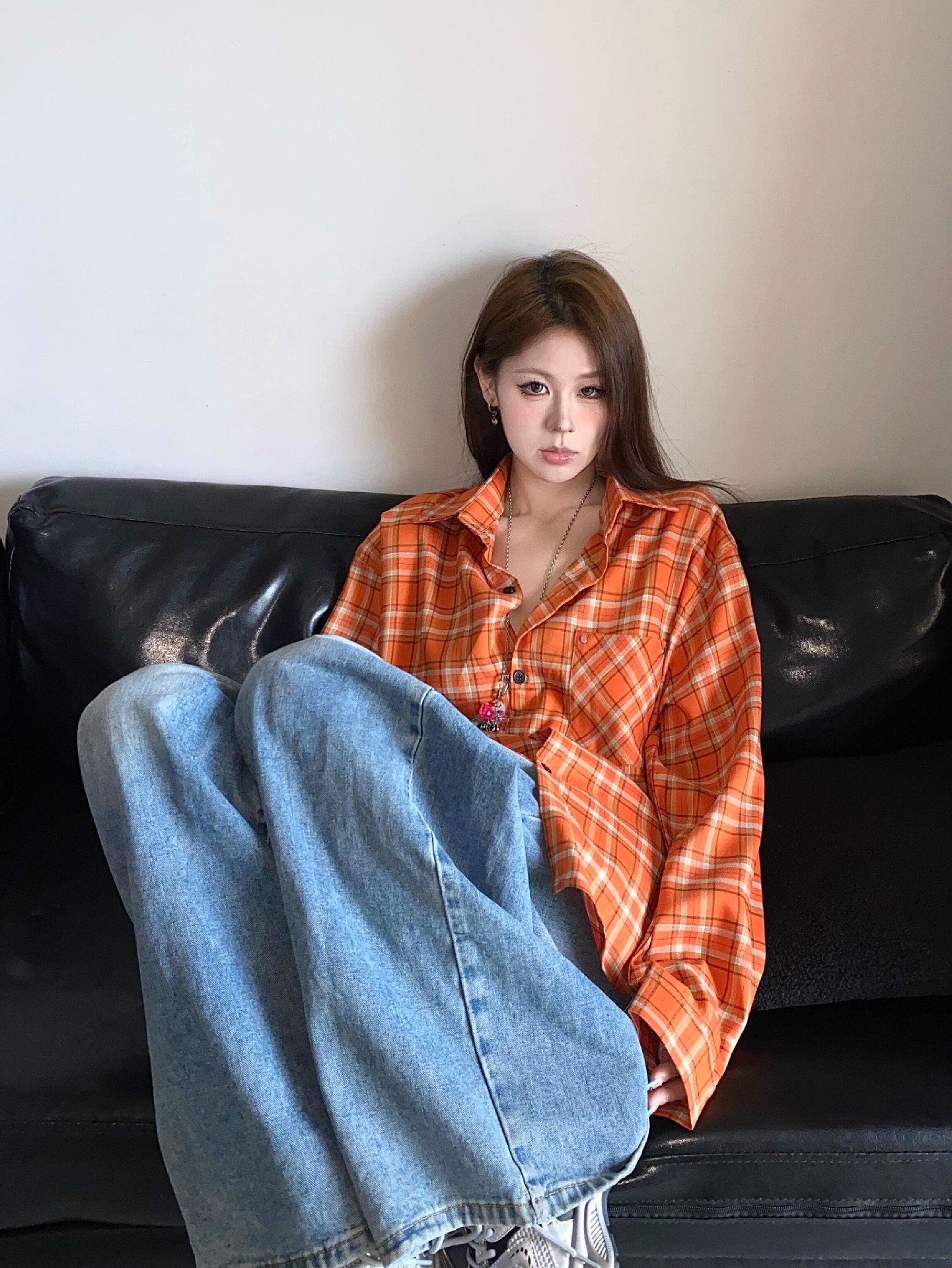 American Retro Orange Plaid Long-Sleeved Shirts for Men and Women, Loose and Versatile Casual High Street New Couple Shirts Wholesale