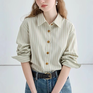Vega Stripesd Shirt Women's Design Niche Loose Slimming Look Long-Sleeved Top 2025 Spring & Fall New Style