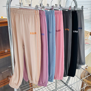 Children's Summer Ice Silk Lantern Trousers Big Children's Casual Sports Pants Solid Color Leg Anti-mosquito Household Trousers for Boys and Girls