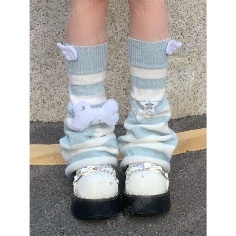 Original Y2K Subculture Aqua Blue and White Striped Bell-Bottom Leg Warmers Japanese Style Harajuku Slouch Socks