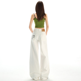 American Style Hot Girl Embroidered Wide Leg Jeans Women's White High Waist Dipped Pants Loose Slim Embroidered Straight Leg Pants