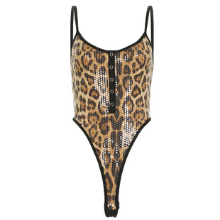 Independent Station European and American Sexy Style Sequin Leopard Strap Boomsuit Button Half Open Collar High Waist Slim Base Top