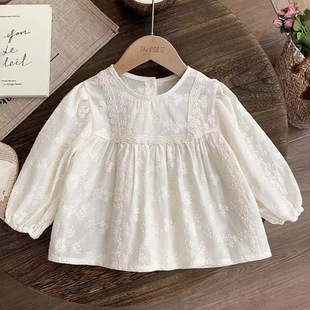 Mori Children's Wear Girls' Base Shirt Spring and Autumn New Western Style Children's Girls' Baby's Autumn Lace Embroidered Flower Shirt