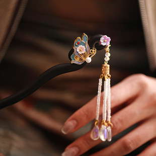 Double-Sided Butterfly Sandalwood Antique Hairpin Women's Classical Hairpin Tassel Walking New Chinese Style Hairpin Cheongsam Hair Accessories Hairpin