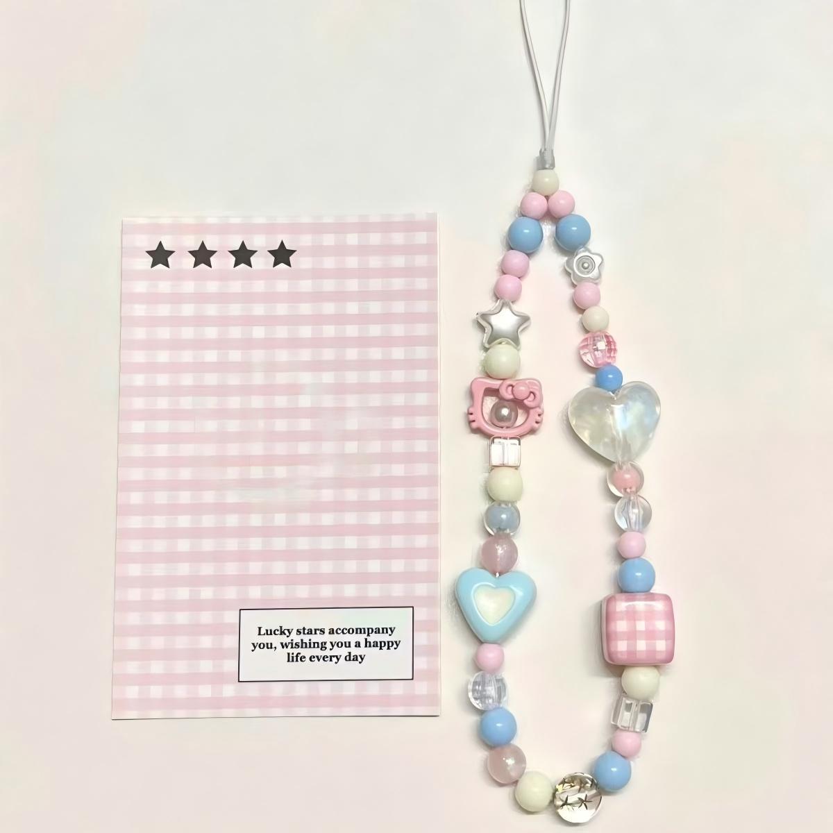 Dreamy Grocery Store Phone Chain Kt Cat Beaded Pink Cute Plaid Lanyard Pendant Niche Bag Charm Ccd Camera Chain