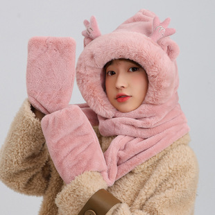Autumn and Winter antler scarf hat integrated female Cute Korean style thickened ear protection gloves scarf integrated hat 2023