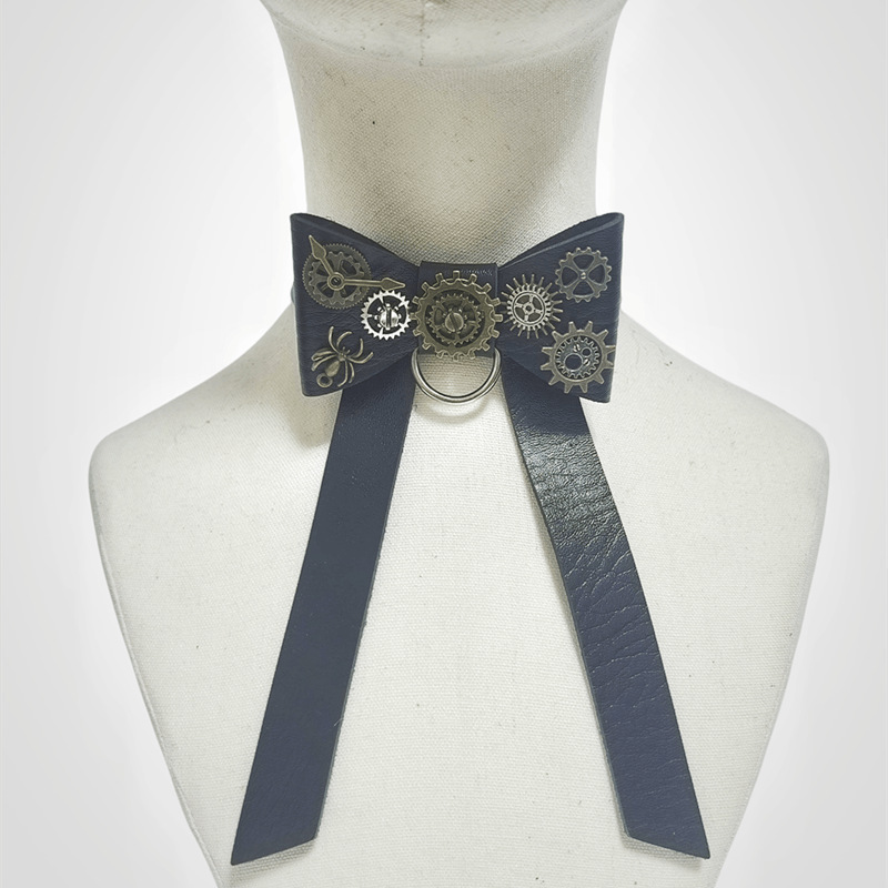 Cross-Border Supply Steampunk Retro Bow Tie Personalized Gear Multi-Color Bow Necklace Gothic Pu Leather