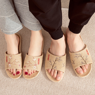 Linen Slippers Women's Summer Men's and Women's Couple's Home Embroidered Non-slip Soft Bottom Indoor Household Cotton and Linen Floor Slippers