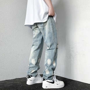 Splash Ink Jeans Hole Trendy Ins High Street Men's European and American hiphop Pants Men's High-end Sense Design Sense Straight Pants