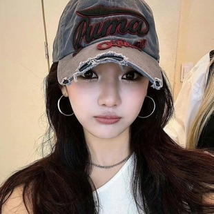 Ning Yizhuo Same Style Washed Old Cap Retro Hat Women's Big Head Wai Face Small Embroidered Letter Baseball Cap