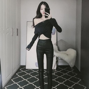 2024 Autumn and Winter New Slim Fit Slim Figure Bag Hip Leggings Leather Pants Tight Pants All-match Pants Women