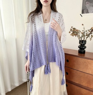 New Solid Color Decorative Knitted Hollow Ethnic Style Shawl Summer High-end Sense Cape Fur Ball Tassel Design Cloak