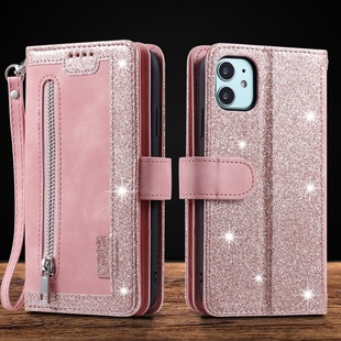 Suitable for iPhone16 Nine Card Zipper Mobile Phone Leather Case Apple 15 Card Lanyard Protective Case S24 Google Sony