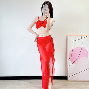 [Огненная роза] 2025 новый бикини bikini купальный костюм женский красный сплит сетка красный праздник купальник
