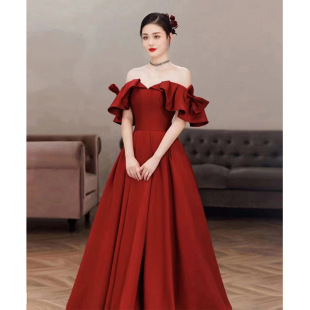 Toast Dress Bride 2024 New Red High-end Satin Shoulder Engagement Wedding Evening Dress Women's Summer