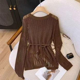 Hollow Fishnet Waistband Knitted Blouse for Women in Spring and Summer Loose Layered Asymmetrical Outer Top Bottoming Shirt for Women