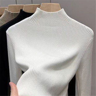 2024 Winter fleece-lined Thickened Knitted Base Shirt Women's One-piece Velvet Semi-turtleneck Pullover Sweater Warm Inner Top