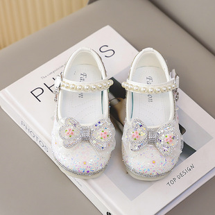 Girls Princess Shoes Children's Leather Shoes 2025 Spring and Autumn New Crystal Shoes Girls Baby Shiny Women's Shoes