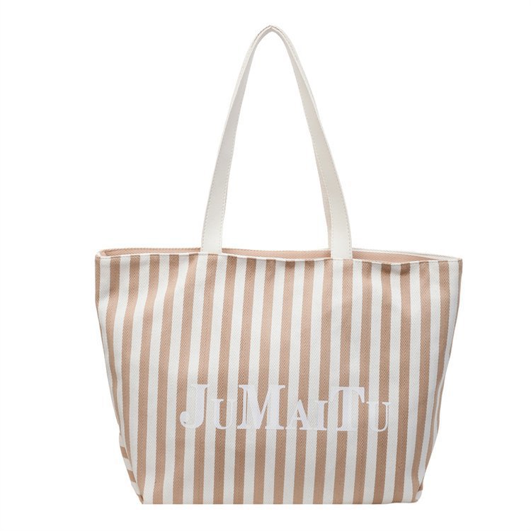 Large capacity women's fashion commuter Korean style casual minimalist literary shopping bag striped canvas shoulder tote bag