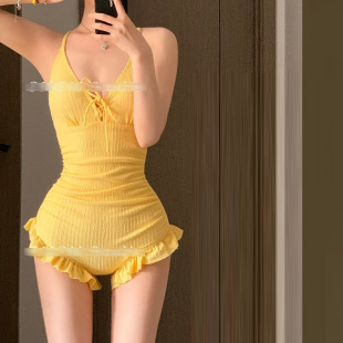Korean style fashionable women's 2024 new one-piece solid color swimsuit small chest push up long sleeve blouse covering meat hot spring vacation