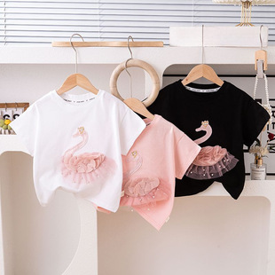 Cotton 2025 Children's Spring and Summer New T-shirt Korean Pearl Lace Swan Girls' Stitching Short Sleeve Top