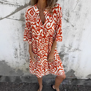 Cross-border European and American Independent Station Amazon 2025 Spring and Summer New Casual V-Neck Printed Pleated Women's dress