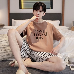 Pure Cotton Pajamas Men's Summer Short-sleeved Shorts Thin Youth Casual Sports Simple Round Neck Home Wear Outer Wear
