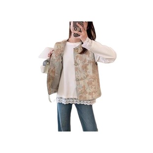 Homemade Fu Blue Return! Heavy Industry Flocking Jacquard Plate Buckle Flap Vest Vest Loose New Chinese Style Vest Women's Vest