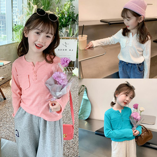Spring and Autumn Women's Children's Wear Long-sleeved T-shirt Baby Stylish Children's Distinctive Trendy Korean-style Candy-colored Button Base Shirt Top