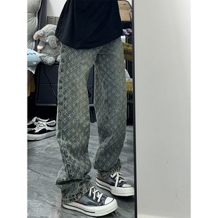 Blue Jacquard Full Print Jeans Men's Summer Trendy Brand Design Sense Niche Straight Pants American High Street Vibe Pants