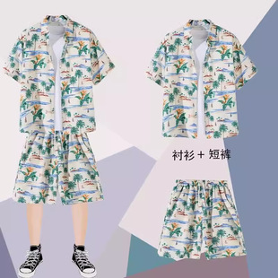 Hawaiian Retro Short-sleeved Flower Shirt Men's and Women's Couple's Beach Vacation Style Thailand vintage Antique Thin Style