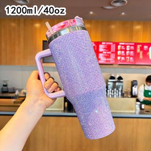 Outdoor car ice bully cold cup cross-border 40OZ diamond car cup suction tube cup 1200ml large capacity thermos cup