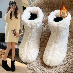 Cute Thick Snow Boots fleece-lined Autumn and Winter Sweet Lamb Wool Slip-on Wool Shoes Women's Warm White Short Boots