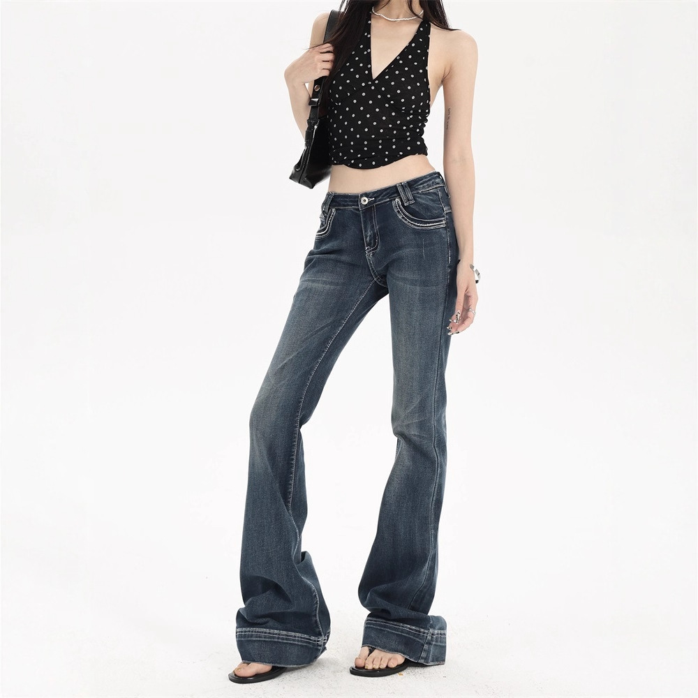 Yi Mengling's Same Style Low-Waist Jeans for Women, American Dark Blue Sexy Slimming Look Design Floor-Length Micro-Flared Pants