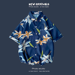 Summer New Korean Style Ins Hong Kong Style Retro Floral Thin Couple Shirt Top Loose Short-sleeved Shirt Men's Trendy