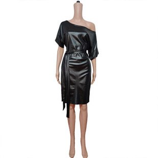 Cross-Border New Fashion Imitation Leather Dress Stretch Slope Collar Bat Wing Short Sleeve Spot Aliexpress Amazon Wholesale