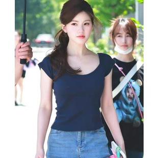 BM Style Zhao Rusi Same Style New Style off-shoulder V-neck Short-sleeved T-shirt Women's bm Spice Girls Pure Sweet and Spicy Collarbone Top