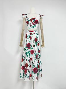 European and American Foreign Trade Cross-border 2025 Spring New Square Neck Flying Sleeve Top with Waist Printed Dress dress Women
