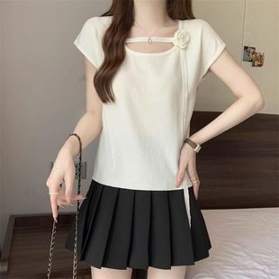 Flower Neck-hanging Purple Square Collar Short-sleeved T-shirt Women's Unique Beautiful Small Shirt for Summer 2025 Korean Age-reducing Top for Women