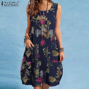 Women's summer holiday beach vest sleeveless printed cotton dress