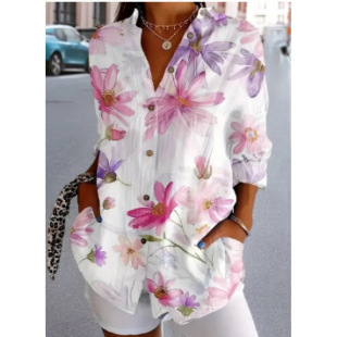 Independent Station Plus Size Women's New Long-Sleeved Button-Down Shirt Pure Color Floral Women's Button-Down Shirt Casual and Comfortable
