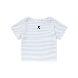 South Korea restandrecreation Color-block Striped Shoulder Short-sleeved T-shirt Women's RR Slim-fit Slim-fit Short Top