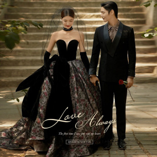 New Studio Retro Hepburn Style Black Velvet Evening Dress French Couple Theme Travel Photo Wedding Photography Clothing