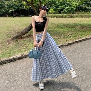 2025 New Spring and Summer Blue and White Plaid Skirt Women's Slim A- Line Pleated Long Skirt Umbrella Skirt Women's Skirt