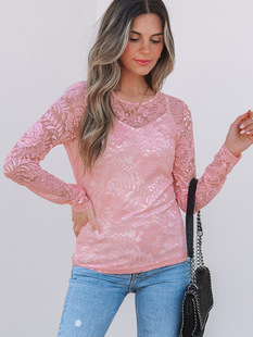 European and American Sexy Perspective Crewneck Long-sleeved Base Shirt Women's 2025 Spring New Slim-fit Floral Stitching Lace Shirt for Women