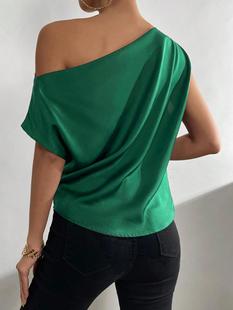 2025 European and American summer women's solid color one-shoulder backless asymmetric neckline satin shirt one-shoulder top women
