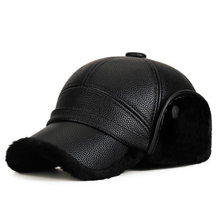 Winter Middle-aged and Elderly People's Litchi Pattern Leather Cap Men's Warm Old Man's Ear Protection Lei Feng Cap Dad's fleece-lined Windproof Baseball Cap