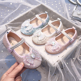 2024 Spring New Girls' Fashion Water Brick Cartoon Princess Shoes Korean Style Girl's Sequin Leather Shoes with Soft Sole for Baby
