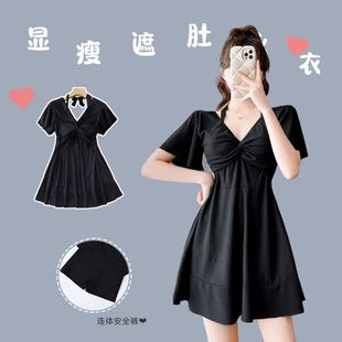 Новые купальники Fairy Fan Сиамская с коротким рукавом Покрытие живота Консервативный пляж Горячая Весна Черная юбка Купальники оптом